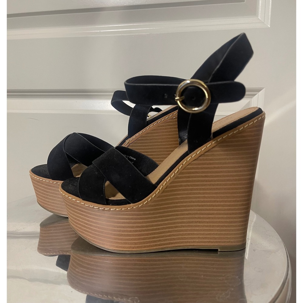 ASOS DESIGN Black Faux Suede Platform Wedge Sandals Ankle Strap Gold Buckle
